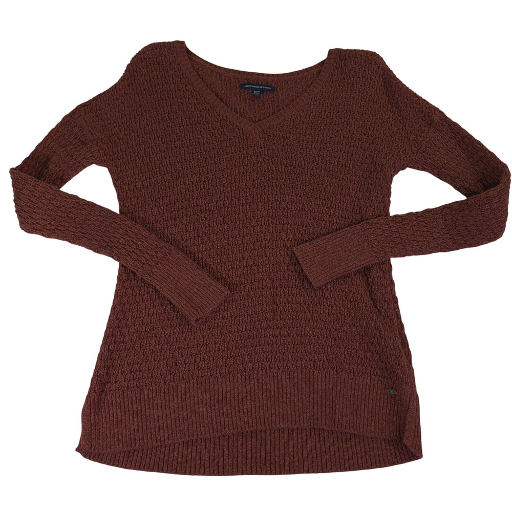 American Eagle Womens XS Burgundy V-Neck Waffle Knit Sweater High Low Hem Wool